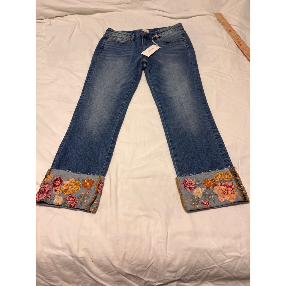 Driftwood Colette Embroidered Floral Cuff Jeans Medium Wash Blue Size 8 W8 L27